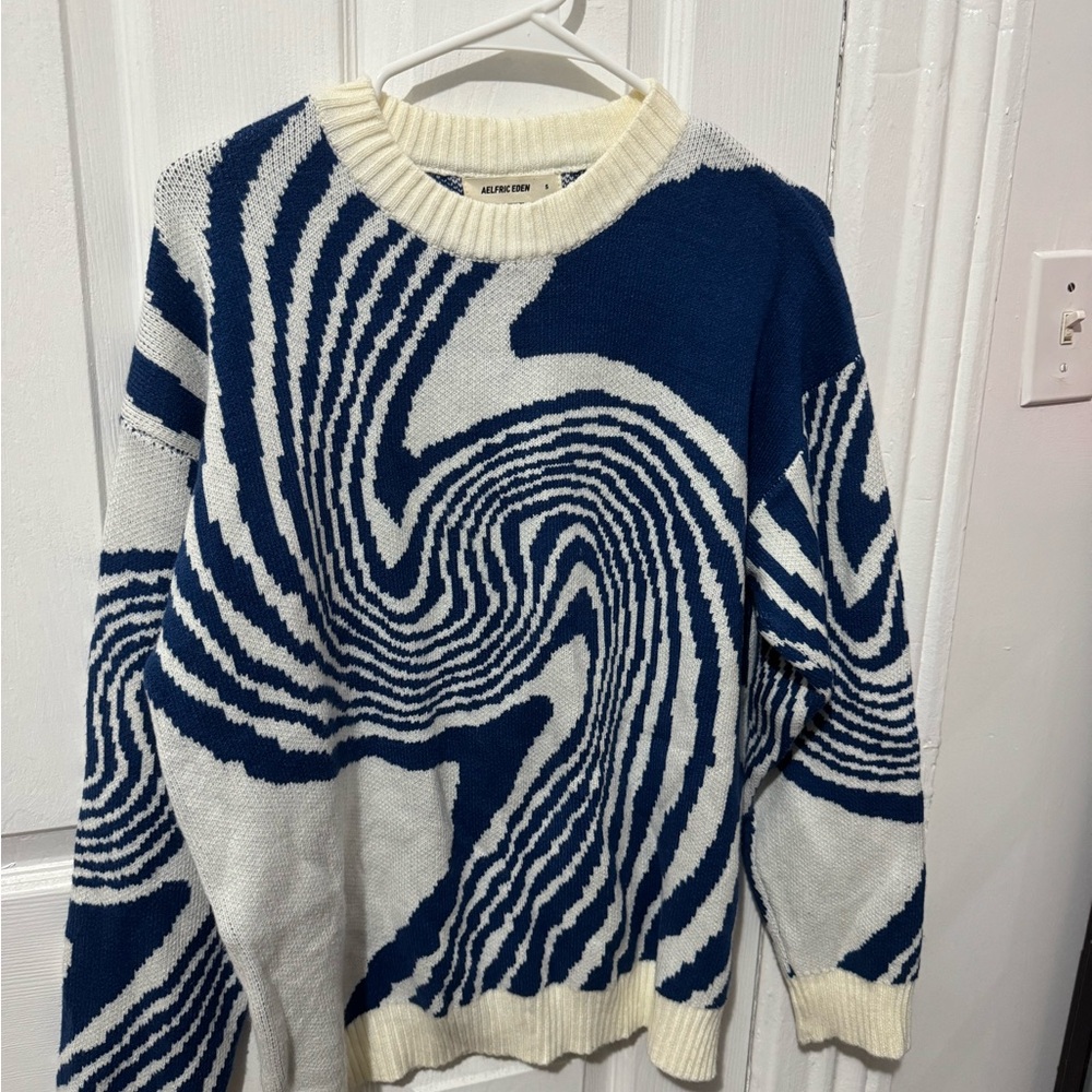 Aelfric Eden Blue and White Abstract Crewneck Sweater